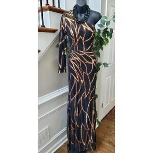 Miss Ord Women's Black Polyester One Shoulder Off Long Sleeve Long Maxi Dress L